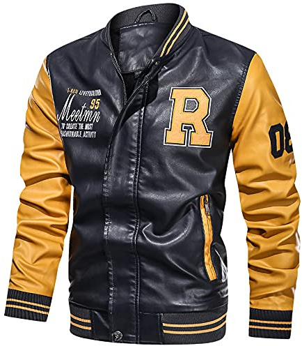 Mäns Casual jacka PU läder Teddy Baseballjacka med foder jacka, Gult, M