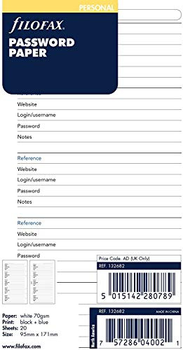 Filofax Nachfüllpackung Passwort-Papier, persönliche Größe, 20 Blatt, 95 x 171 mm, 2019