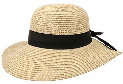 Lipodo Timenta Classic Diskett Hatt Damer - sommarhatt stråhatt solhatt med grosgrain band Sommar Vår-sommar - One Size beige