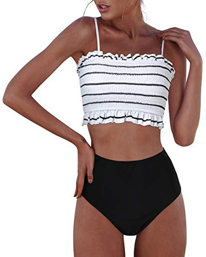 RXRXCOCO Womens Shirred Bandeau Bikini Cute Two Piece Swimsuit Off Shoulder High Waist Bathing Suit White Medium