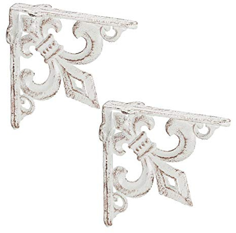 Relaxdays Équerre étagère Murale, Lot de 2, Ancien, Support en Fonte de Fer, avec Ornement lys, Vintage, Blanc