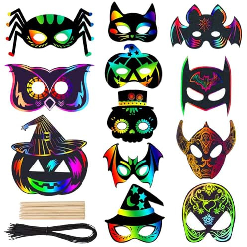 Lot de 18 images à gratter pour Halloween, magiques et colorées, arc-en-ciel, cartes en papier à gratter pour enfants, avec rubans, stylo à gratter pour bricolage pour fête de Toussaint, décoration de