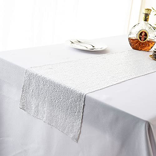 Glitzernder Tischläufer mit runden Pailletten, Tischläufer, Tischdecke für Hochzeit, Weihnachten, Bankett, Party, Esszimmer, Kaffeetisch, Dekoration, 30 x 250 cm, weiß