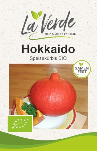 La Verde MEIN GARTEN UND ICH. Hokkaido Uchiki Kuri BIO Kürbis Samen für ca. 7-8 Pflanzen, roter Speisekürbis, Saatgut ohne Gentechnik