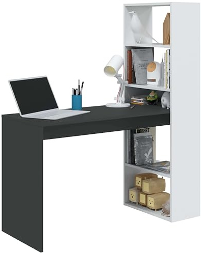 Habitdesign, Escritorio con Estanteria Reversible, Blanco Artik y Gris Antracita, Modelo Duplo, Medidas: 120 cm (Ancho) x 53 cm (Fondo) x 144 cm (Alto)