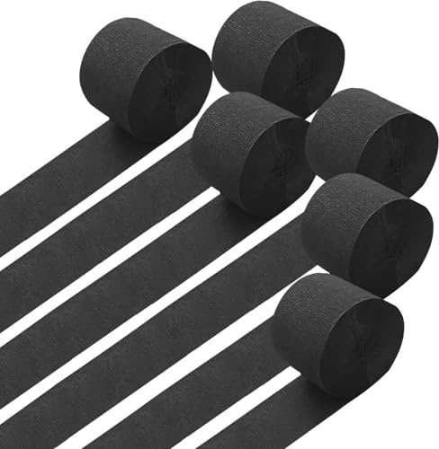 GAKA FAVOR Krepppapier Schwarz （6 Rolle）4.5cm x 25m,Kreppbänder Luftschlangen Schwarz für Hochzeit Geburtstags Party Dekoration