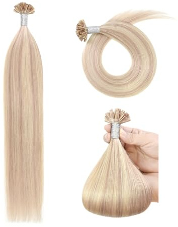 Extensions de cheveux Naturel kératine 55cm Remy Cheveux Humain Pre Bonded U Tip Hair Extensions (50g #18/613 Blond Cendré Mixte Blond Décoloré)