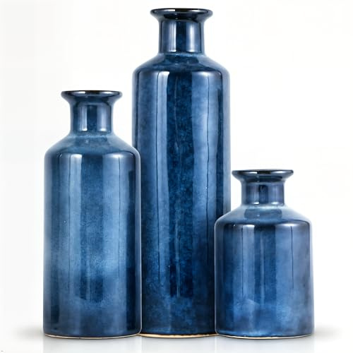 Mowtanco Blue Ceramic Vase Set of 3 Small Vases, Modern Farmhouse for Home Decor Bottles, Rustic Terracotta Vase Decorative Vases for Table,Fireplaces Decor, Bookshelf, Living Room