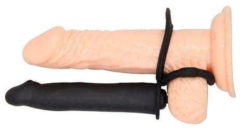 Double Fun Vibrating Double Penetration Strap On Dildo - 5.5 Inch Silicone Strap On Dildo for Men - 2 Bullet Vibrators & Cock and Ball Rings - Waterproof - Black
