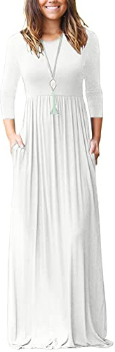 WNEEDU Maxikleid Damen Frühling Sommer Langarm 3/4 Ärmel A Linie Kleid Lang Elegant mit Taschen Curvy Lässige Herbstkleid Winterkleid Weiß XL