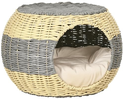 PawHut Wicker Cat House, Rattan Raised Cat Bed w/Soft Cushion, Φ40 x 30cm