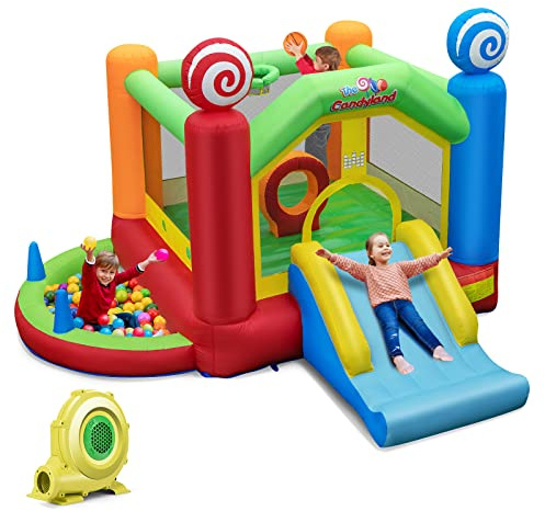 COSTWAY Kids Bouncy Castle, Inflatable Bounce House with 680W Blower, Slide, Basketball Hoop, Ball Pit, Children Blow Up Jumper for Indoor Outdoor (Candy Land Theme)