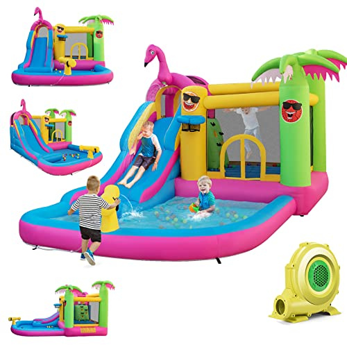 COSTWAY Château Gonflable Tropicale 6 en 1 avec Toboggan Aquatique, Maison de Saut Gonflable avec 50 Balles Océaniques, Thème Flamant, Charge 135kg pour Enfants de 3-10 Ans(avec souffleur 680W)