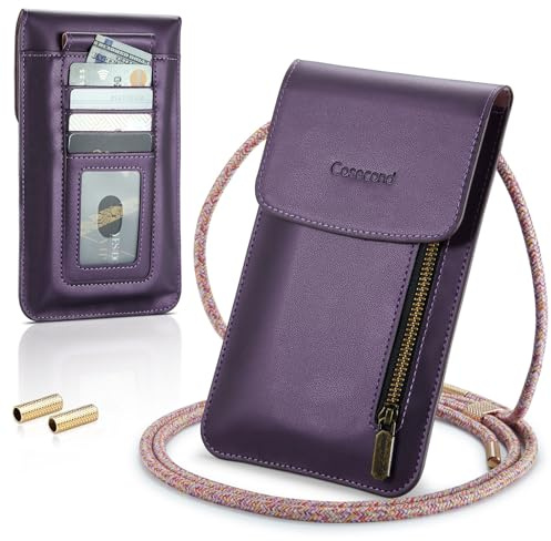 Casecond Handytasche zum Umhängen mit Geldbörse Damen Herren Kleine Leder Crossbody Universal Handy Tasche Pouch Umhängetasche Handtasche mit Handykette für iPhone 14 13 12 11 Samsung Bis zu 7.5 Lila