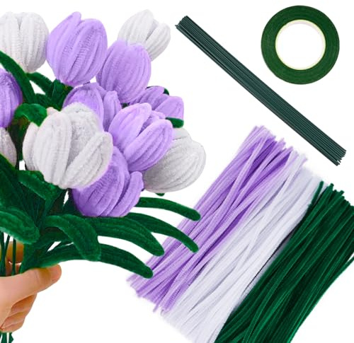 BOFUNX 300 Stücke Pfeifenreiniger Blumen Grün Weiß Lila Pfeifenreiniger Chenilledraht 30cm Pfeifenputzerdraht Biegeplüsch mit 20pcs Blumenstiele und Klebeband für Kinder Basteln DIY Handwerk