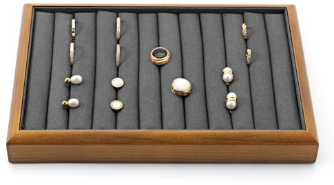 Oirlv Schmucktablett klein,11 Plätze Schmucktablett Holz,Ring Ohrringe Ohrstecker Schmucktabletts Vitrine Display Organizer Tabletts(Grau) 25x17cm