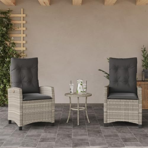 Gaseeto 2er Set Rattansessel Verstellbarer Hellgrau Gartenstuhl Hochlehner, Liegesessel für den Garten, Outdoor Rattansessel mit verstellbarem Fußteil, Gartenbank mit Kissen