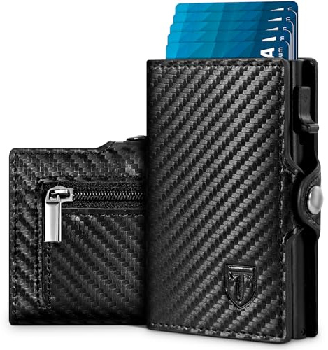 Tomylv Portafoglio Uomo RFID Blocking, Portafoglio Uomo Slim Pelle in Fibra di Carbonio con 7 Porta Carte di Credito Uomo, Tasca con Cerniera, Chiusura con Bottone, con Confezione Regalo - Nero