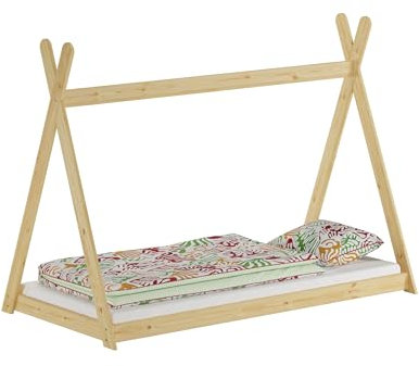 Erst-Holz®Niedriges Tipi-Kinderbett, Holzbett 90x200 Kiefer Natur lackiert, Zubehör wählbar V-60.27-09ohne Zubehör