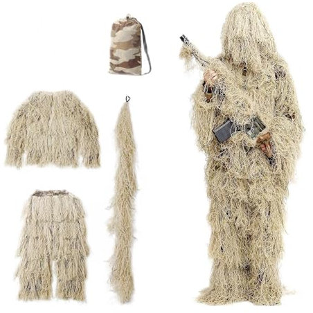 5-Teilige 3D Tarnanzug Camouflage Jagdbekleidung Jagdbekleidung Herren Einschließlich Jacke,Hose,Kapuze,Tragetasche Airsoft Kleidung Set für Outdoor Jagdfotografie,DryGrass-Adults
