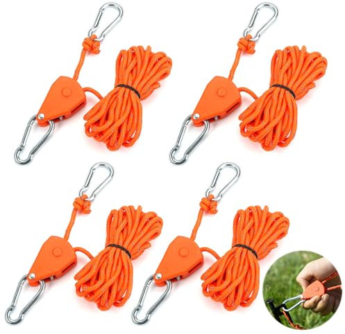 4 Stück Abspannseile mit Seilspanner,4 m Einstellbare Seilratsche mit Haken,4 mm Windfestes Seil zur Einstellung der Riemenscheibe,Zeltschnur mit Spanner,Reflektierende Abspannseile für Sonnensegel