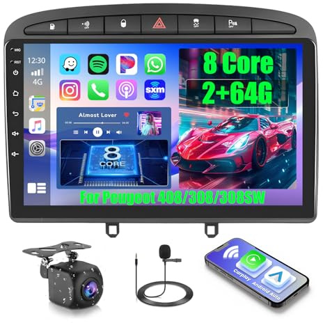8 Core 2+64G Android 15 Radio para Peugeot 408/308/308SW 2007-2013 Soporta Wireless Carplay y Android Auto, 9 Pulgadas Pantalla Táctil Estéreo Radio con Bluetooth 5.0 EQ de 32 Bandas GPS FM/RDS SWC
