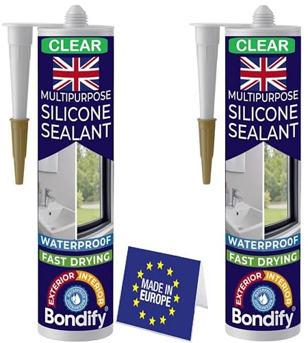 BONDIFY Étanche- Joint Silicone Transparent D'intérieur Lot de 2 Mastic Salle de Bain & Cuisine SANS SOLVANTS Colle Silicone Transparente Mastic Silicone Pour Baignoire, Evier, Douche, Lavabo, Fenêtre