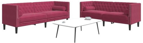 Willood 2-TLG. Chesterfield-Sofa-Set mit Nackenrollen Sofagarnitur mit Kissen, Sitzgruppe für Wohnzimmer, Polstersofa Couch Sessel Rot Samt