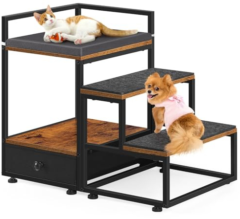 CADUKE Dog Steps for Small Dogs – 3 Step Dog Stairs for Bed and Couch, Non-Slip Pet Steps with Storage Drawer, Easy Climb Cat Steps 51cm High, Brown