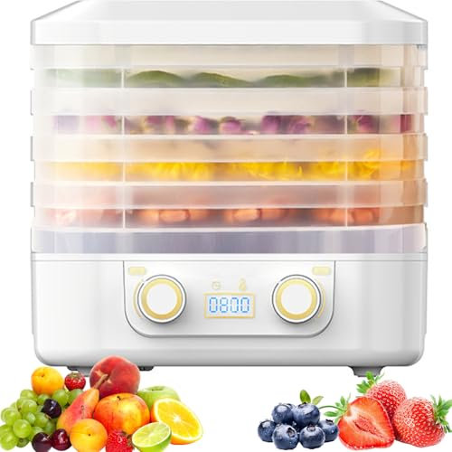 5 Tiers Food Dehydrators, Electric Food Dehydrator with 30-70℃ Temperature Adjustment, 48h Timing, 360° Circulating Hot Air, Double Twist, Removable Fruit Dehydrator For Veg, Meat & More white