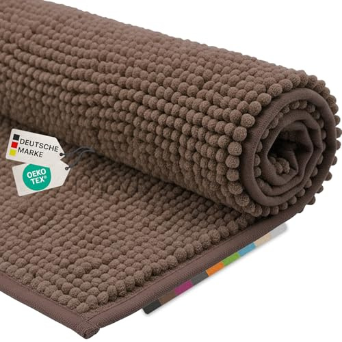 NYVI Badematte NYVISpa Chenille Badteppich 60x90 cm Rechteckig Taupe | Rutschfest, Saugstark, Schnell Trocknend, Fußbodenheizung geeignet, OEKO-TEX, Waschbar, Weich