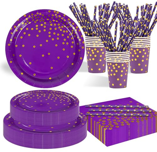 EVYIENEN 125 Stück Pappteller Geburtstag Lila Gold Punkte Partyzubehör Pappteller Set,25 Gäster Teller Tassen Servietten Strohhalme für Babydusche Geburtstag Hochzeit Party