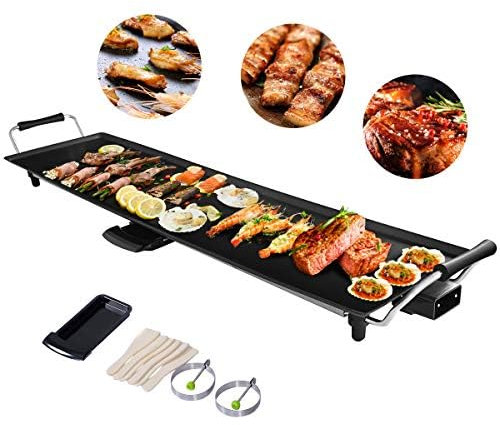FANTASK Teppanyaki - Barbecue elettrico da 90 x 23 cm, 1800 W, con rivestimento antiaderente, 6 spatole di legno e anello antiaderente, temperatura regolabile