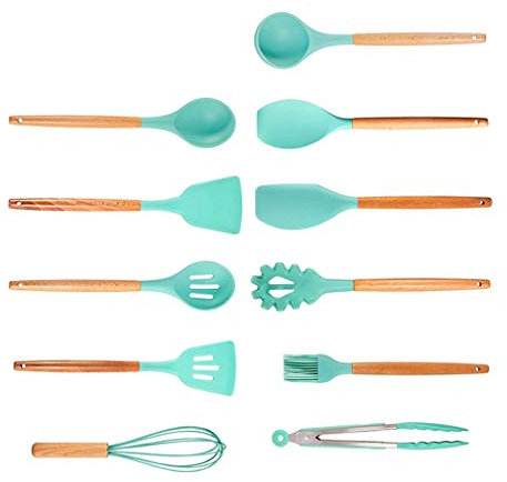 utensilios de cocina set， Utensilios de cocina de silicona de madera natural 9/11 (tamaño: 11 piezas)