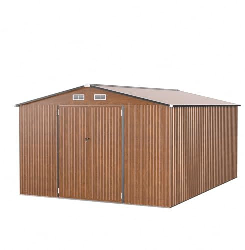 COSTWAY 12x8FT/12x12FT/14x10FT Metal Garden Shed, Galvanized Outdoor Storage Shed with Lockable Doors, 4 Air Vents & Sloping Roof, Weatherproof Tool Storage House (Wood Grain Color, 14x10FT)