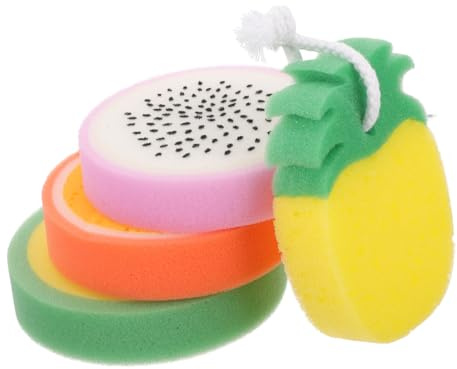 CALLARON 4 Esponjas de Baño Forma de Fruta, Suaves Piel, Exfoliantes y Espumosas, Accesorio Versátil para Ducha y Baño