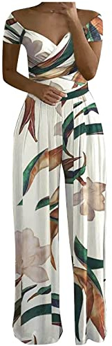 TURWXGSO Wedding Jumpsuits for Women UK Elegant One Shoulder Floral Printed Dungarees High Waisted V Neck Rompers Plain Dressy Casual Full Length Wide Leg One Piece Outfits for Party Vacation