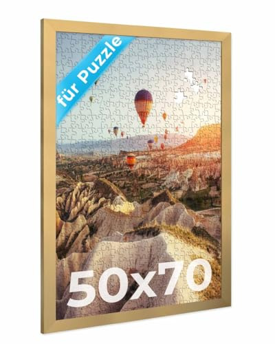 PHOTOLINI Bilderrahmen 50x70 Gold, Puzzle Rahmen 70x50 Holz MDF mit Acrylglas, Bilderrahmen Puzzle 1000 Teile 50x70 zum Aufhängen, Puzzlerahmen 500-1000 Teile - ideal für Galerie