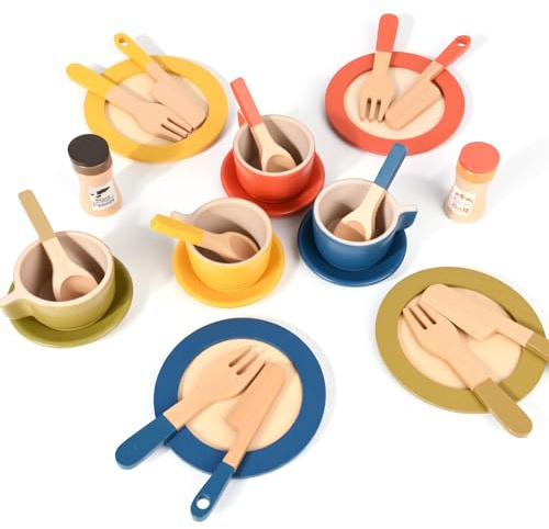 LustLocke® Dinette Enfant en Bois, 26 Pièces Accessoire Cuisine Enfant, Sécurité des Matériaux, Convient aux Enfants à Partir de 3 Ans, Idéal comme Cadeau pour Les Anniversaires, Noël