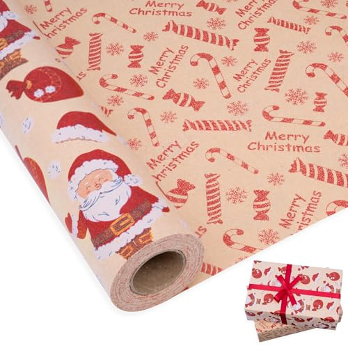 Larcenciel Rollo de Papel Regalo Navidad, 10 m x 43 cm Papel de Regalo Rojo Reversible con Papá Noel y Caramelos Navideño, Papel Kraft Vintage de Doble Cara para Año Nuevo, Navidad, Fiesta, Vacacione