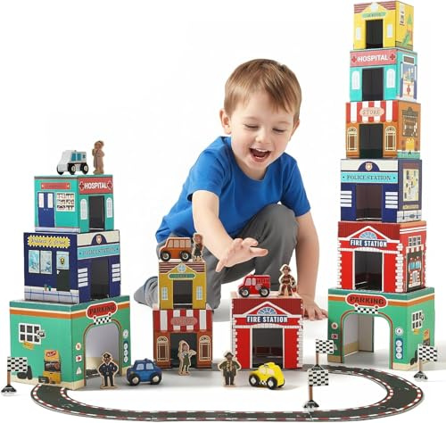 Baby Stapelturm mit Auto Set ab 1 Jahr, Montessori Spielzeug ab 1 2 3 Jahr - Sortier und Stapelspielzeug für Kinder mit Nistgaragen & Rennstrecken, Stapelwürfel Geschenk für Jungen & Mädchen