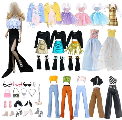 29-teiliges Fashion Puppen Kleidung und Zubehör Set für 29,2 cm Puppen - Gelbe Themen-Outfits mit Pelzstolen, Prinzessinnenkleidern, Retro-Top-Hosen-Kombinationen & 15 passenden Accessoires