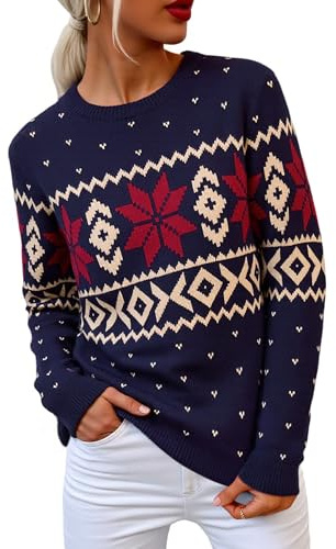 Terecey Jersey Navidad Mujer Cuello Redondo Suéter Navideño Punto de Manga Larga Ropa Navidad Cálida Christmas Sweater para Invierno y Regalo