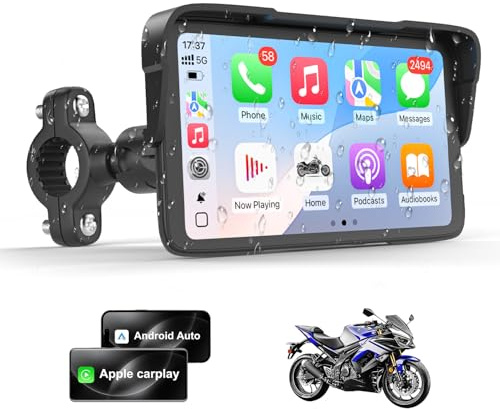 Portable Motorcycle CarPlay HD Touch Screen, Motorcycle GPS Navigation System with Apple Carplay and Android Auto, IP67 Waterproof, Support Tire Pressure settings, Bluetooth, Voice Control, Navigation