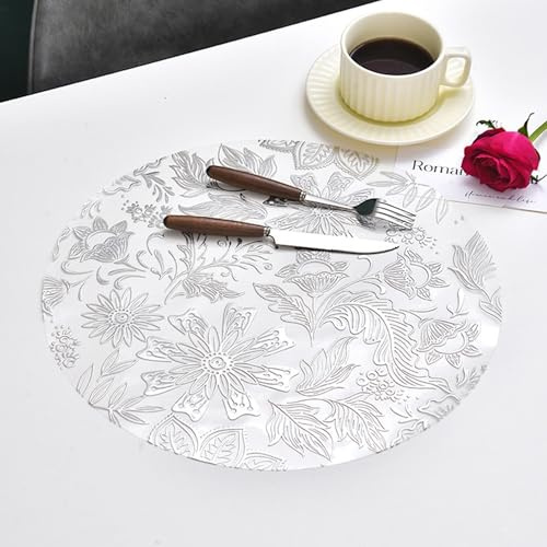 KnSam Retro Vintage Place Mat Set of 2, Tulips Flowers Leaves Pattern PVC Washable Elegant Table Place Mat Round for Table, Bar, Silver, 38 cm