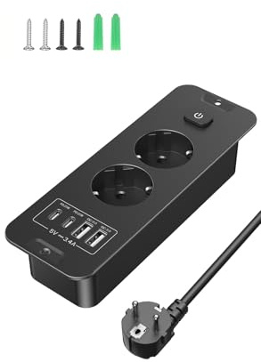 RivHillXUS 2 Metros Regleta Empotrable Mesa con USB C PD 20W, 2 Tomas AC, para Sala, Hotel, Cafetería, Negro