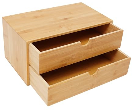 Schubladenbox Bambus, Mini Bamboo Desk Drawer mit 2 Schubladen 33×19×16cm, Tabletop Storage Organization Box, Schreibtisch Organizer für verwendet Briefmarken, Notizen, Büroklammern