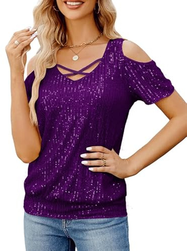 JASAMBAC Womens Sequin Tops Cross&V-Neck Cold Shoulder Tops Glitter Tunic Evening Top Ladies Going Out Top Sparkle Short Sleeve Dressy Blouse for Club Party
