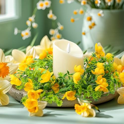 Daifunli 2 Pcs Spring Summer Faux Primrose Flowers Candle Rings Artificial Silk Yellow Flower Farmhouse Wreaths for Pillar 3.9 Inch Candles Holder for Spring Summer Rustic Table Centerpiece Decor