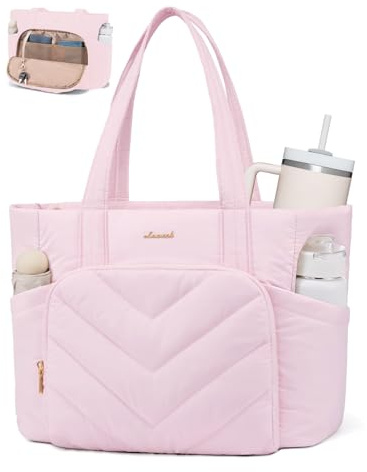 LOVEVOOK Shopper Tasche Handtasche Damen Groß, Leicht Puffer Arbeitstasche mit großem Wasserflaschenfach, 15,6 Zoll Laptoptasche Tote Bag, Lehrertasch Handbags Women für Uni Schule, Hellrosa